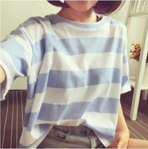 Women Spring Summer Striped Color Short Sleeve O Neck Tshirt