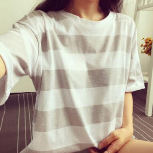 Women Spring Summer Striped Color Short Sleeve O Neck Tshirt