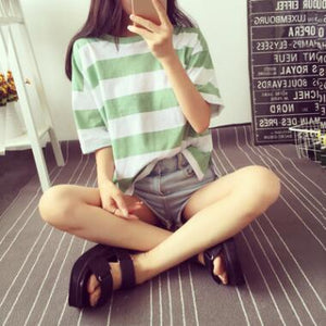 Women Spring Summer Striped Color Short Sleeve O Neck Tshirt