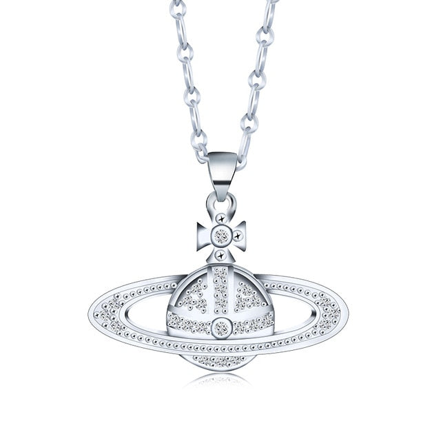 Silver Plated Cool Crystal Saturn Chain Necklace For Women